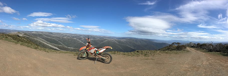 orange dirt bike, australia, snowy mountains, victoria, ktm HD wallpaper