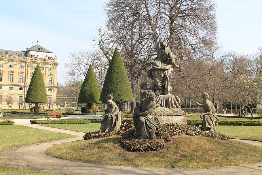 park, statue, grove, würzburg, tree, sculpture, nature, garden, HD wallpaper