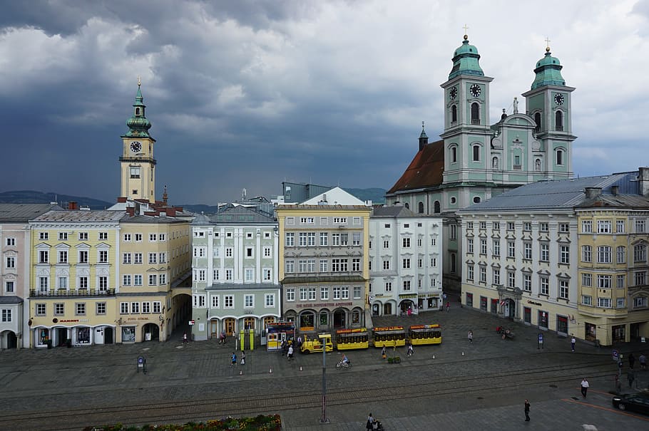 linz, city, church, architecture, old town, monument, austria, HD wallpaper