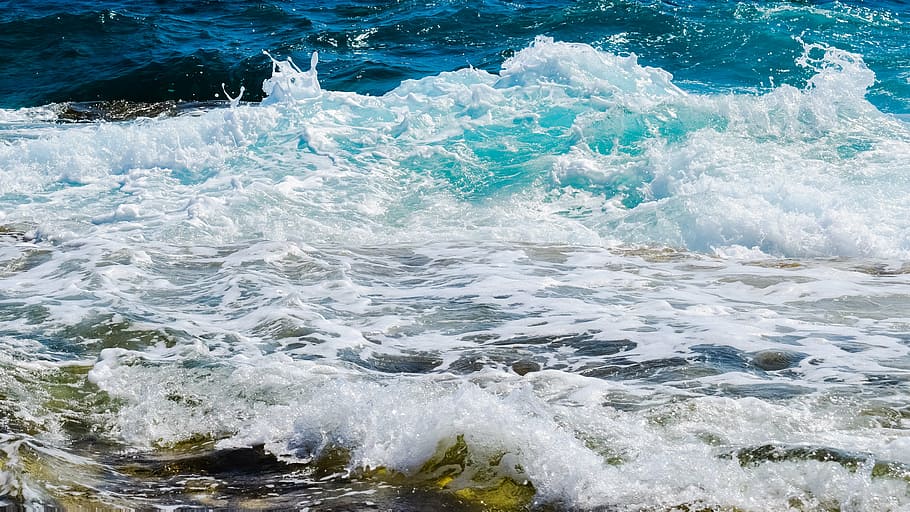 wave, foam, spray, sea, blue, beach, splash, wind, nature, motion HD wallpaper