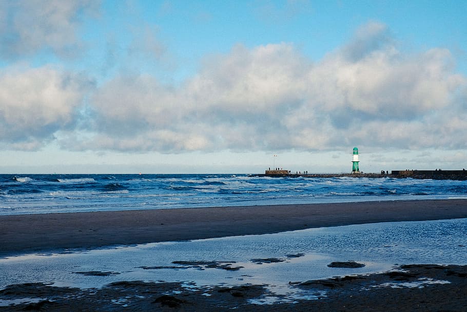 Lighthouse in Warnemunde, landscape, nature, sea, beach, coastline HD wallpaper