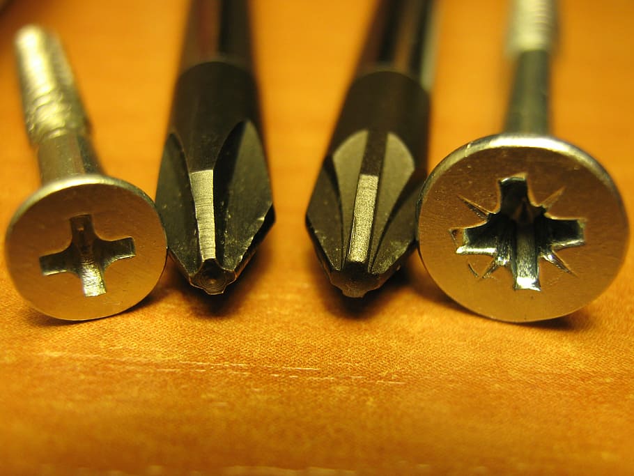 silver drill bits, phillips, screw, screwdrivers, close-up HD wallpaper