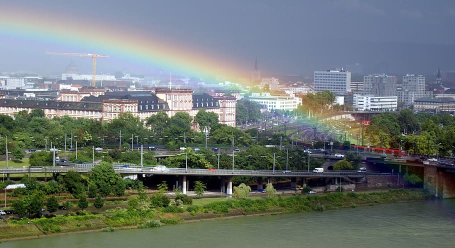 mannheim, rainbow, mood, neckar, castle, building exterior HD wallpaper