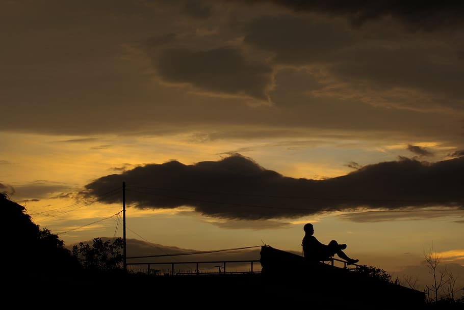 glow, man, sky, sunset, silhouette, cloud, in the evening, republic of korea HD wallpaper