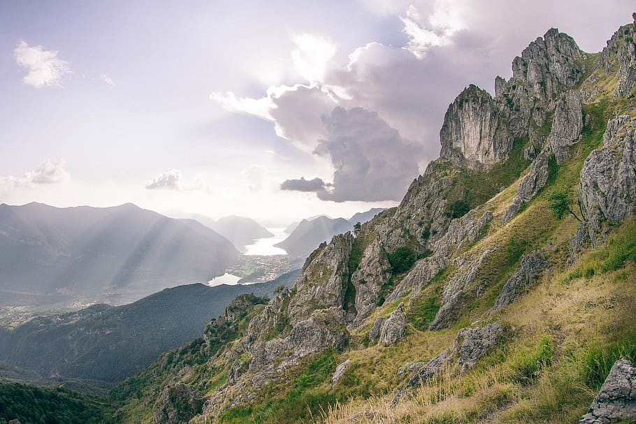 Green and Gray Mountain, clouds, grass, landscape, mountains HD wallpaper