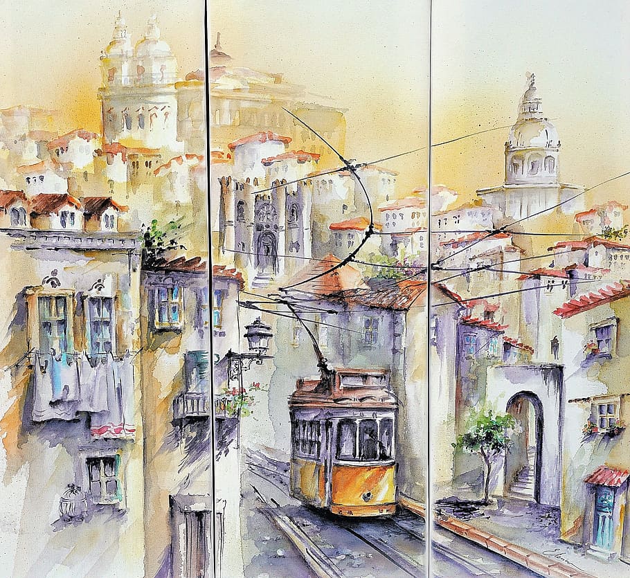 lisbon, view, artist, portugal, traditional, tram, scene, painting, HD wallpaper