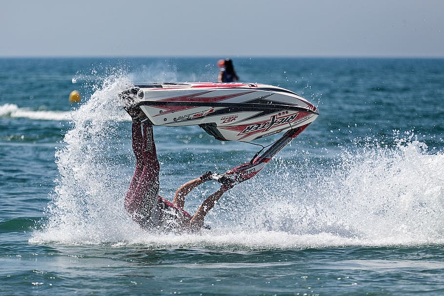 man riding white and red personal water craft, sea, wave, sport HD wallpaper