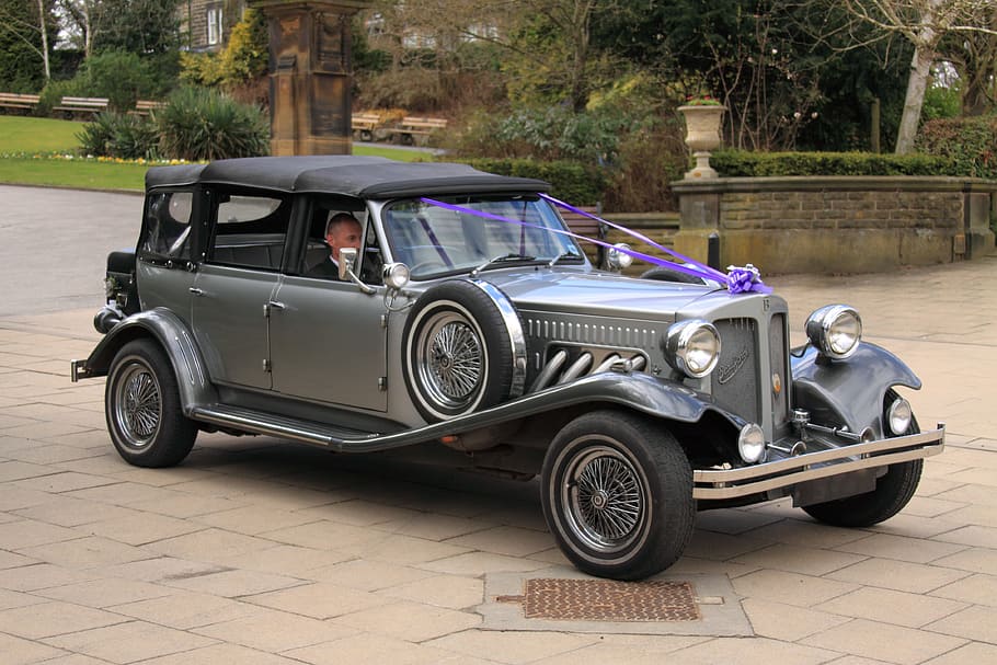grey vintage car, antique, auto, automobile, celebration, chauffeur HD wallpaper