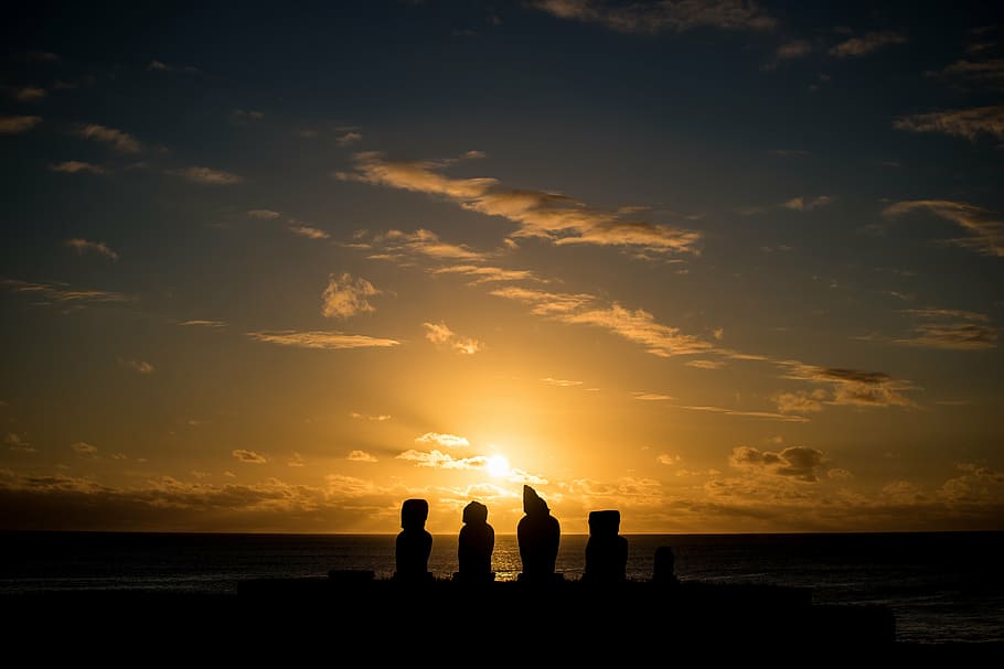 silhouette of cliff, easter island, chile, statues, ancestors, HD wallpaper