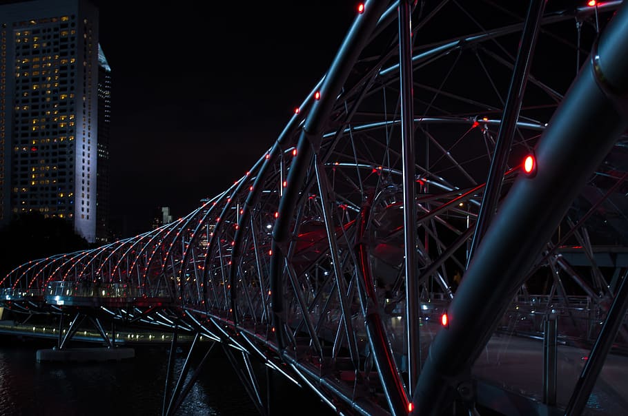 gray Helix Bridge with red lights at nighttime, gray metal bridge at nighttime HD wallpaper