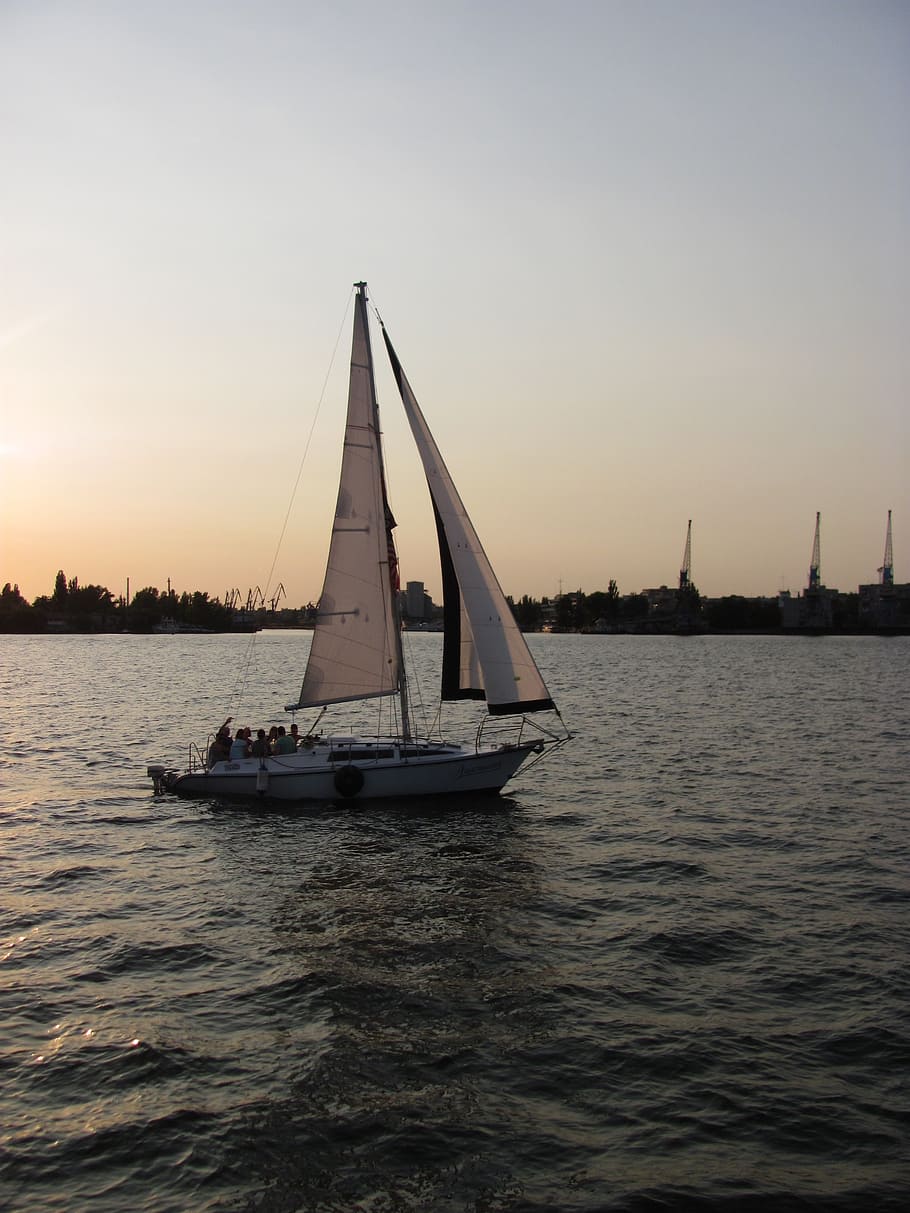 sailboat, water, small river, quiet river, sky, nature, stroll HD wallpaper