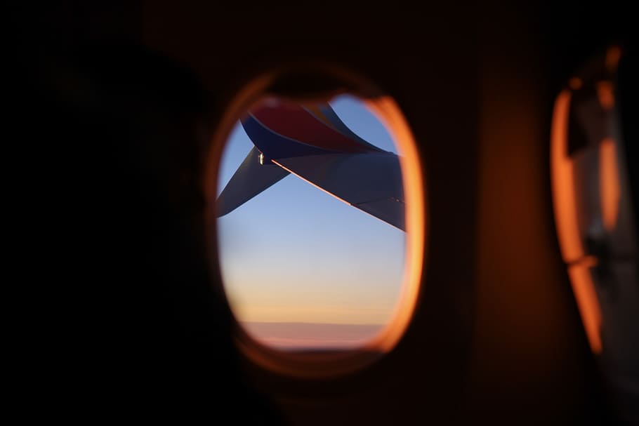 view of clouds through airplane window, airplane wings, sunset HD wallpaper
