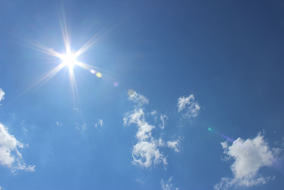 sky, blue, clouds, nice weather, sunbeam, cloud - sky, sunlight HD wallpaper
