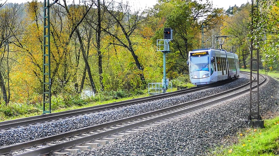 train, road, railway line, rail transportation, track, tree HD wallpaper