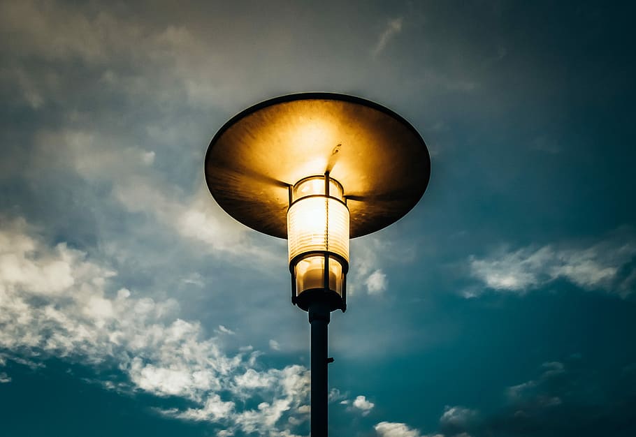 round black street lamp, black patio heater, light, sky, blue HD wallpaper