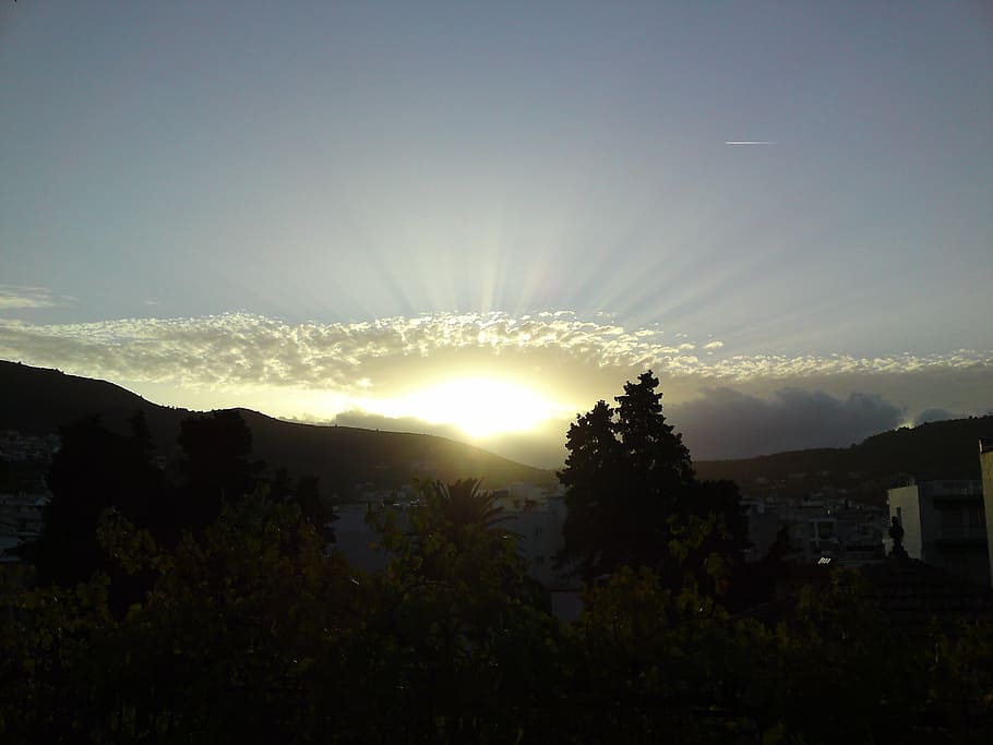 sunrise, mytilene, greece, sky, sunlight, sunbeam, mountain HD wallpaper