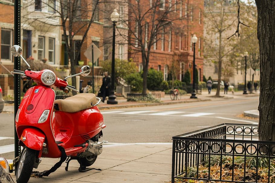 Vespa in DC, red motor scooter parking near on roadway, city, HD wallpaper