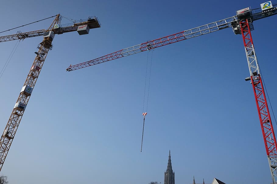 baukran, crane, build, site, sky, construction work, lattice boom crane HD wallpaper
