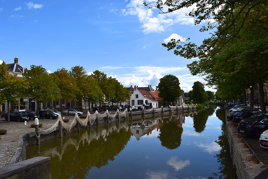 water, canal, summer, blue, sky, reflection, built structure HD wallpaper