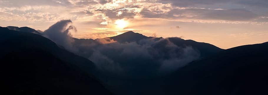 clouds, mountains, peaks, sunset, landscape, hiking, summit HD wallpaper