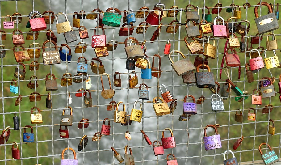 padlocks on metal screen, bridge, over flow, symbol, a pair of HD wallpaper