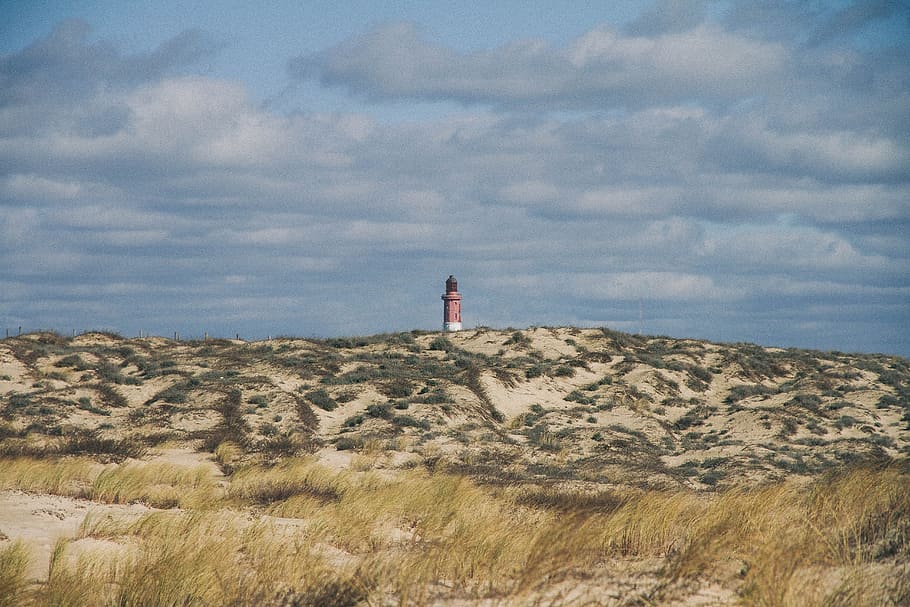 lighthouse, blue, sky, clouds, sand, cloud - sky, one person HD wallpaper