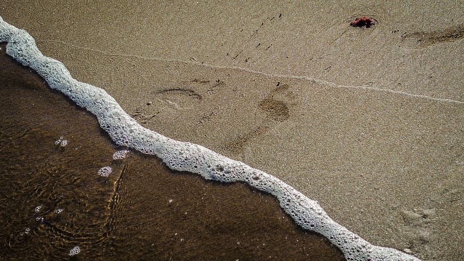 beach sand with foot print, waves, sea, nature, water, ocean HD wallpaper
