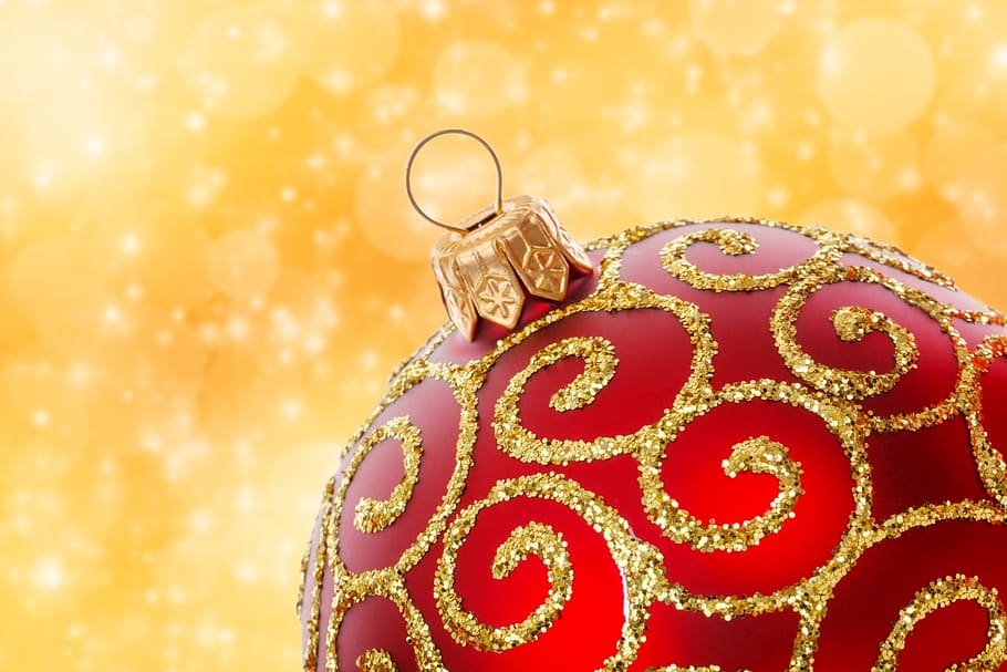red and gold-colored Christmas Bauble, christmas ball, celebration, HD wallpaper