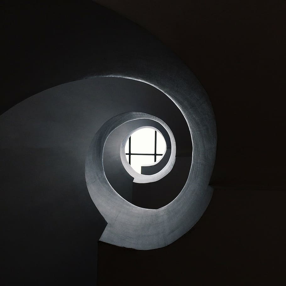 spiral tunnel, staircase, window, ceiling, architecture, interior HD wallpaper