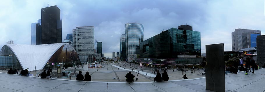 two concrete buildings, France, Paris, La Défense, Glass, skyscraper