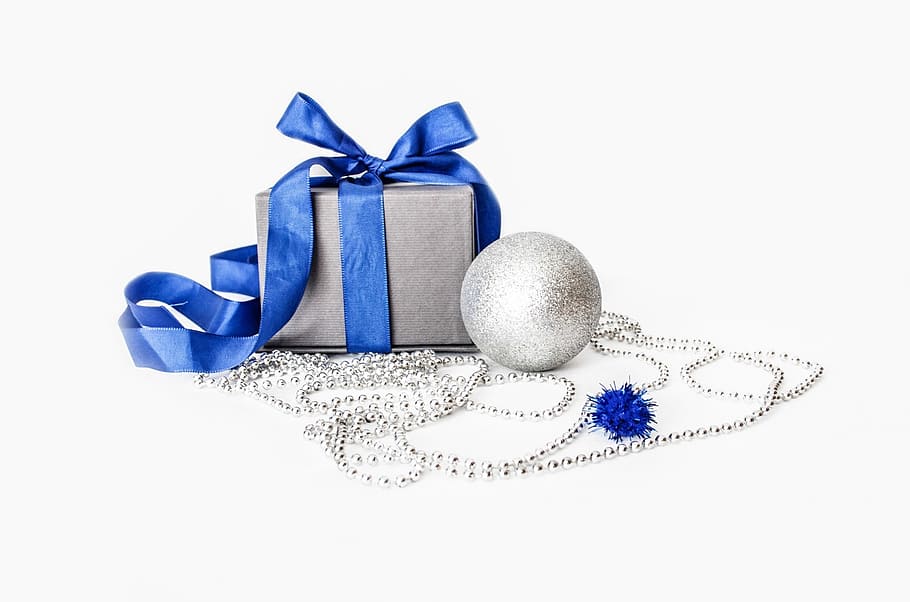 gray and blue gift box beside silver bauble, christmas, xmas, HD wallpaper