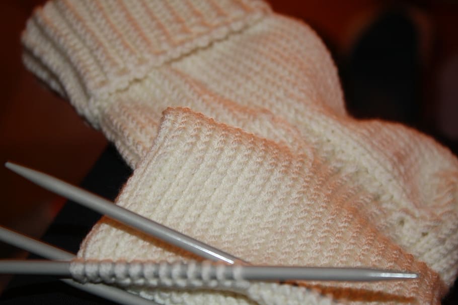 Stocking, Knit, Wool, White, knitting needles, indoors, close-up HD wallpaper
