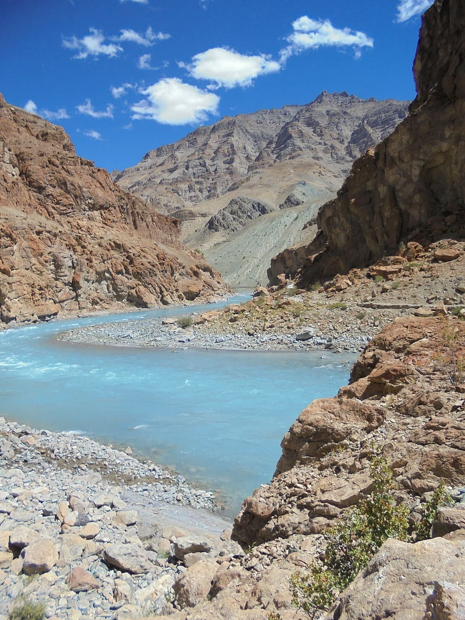 river, blue water, sky, mountain, nature, landscape, outdoors HD wallpaper