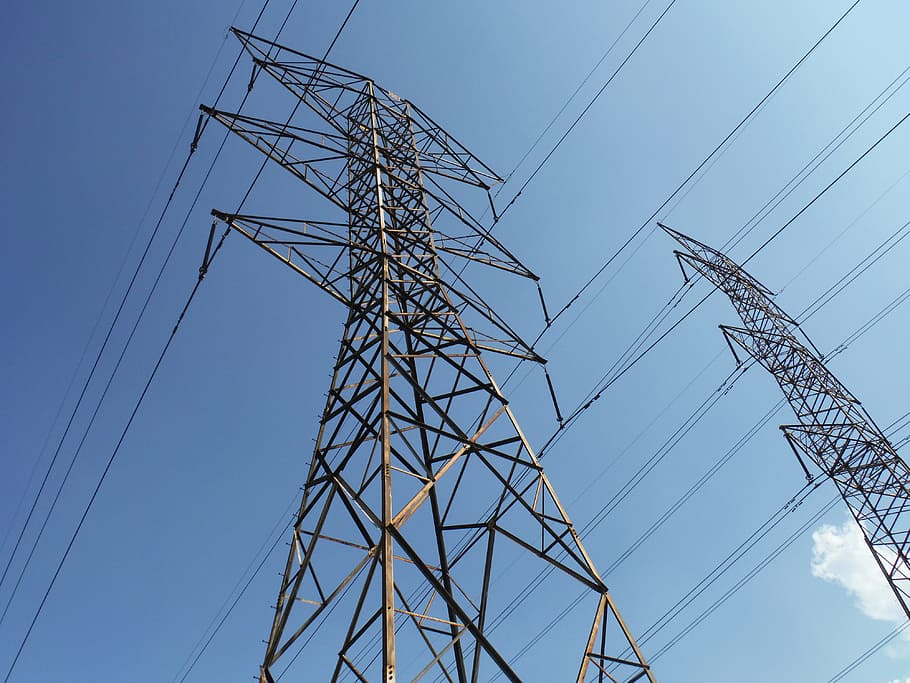 sky, clouds, industry, metal, cable, current, danger, distribution HD wallpaper