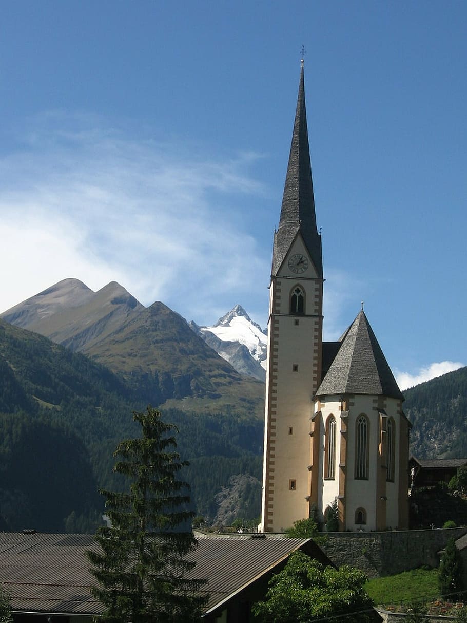 church, mountains, holy blood, grossglockner, steeple, carinthia