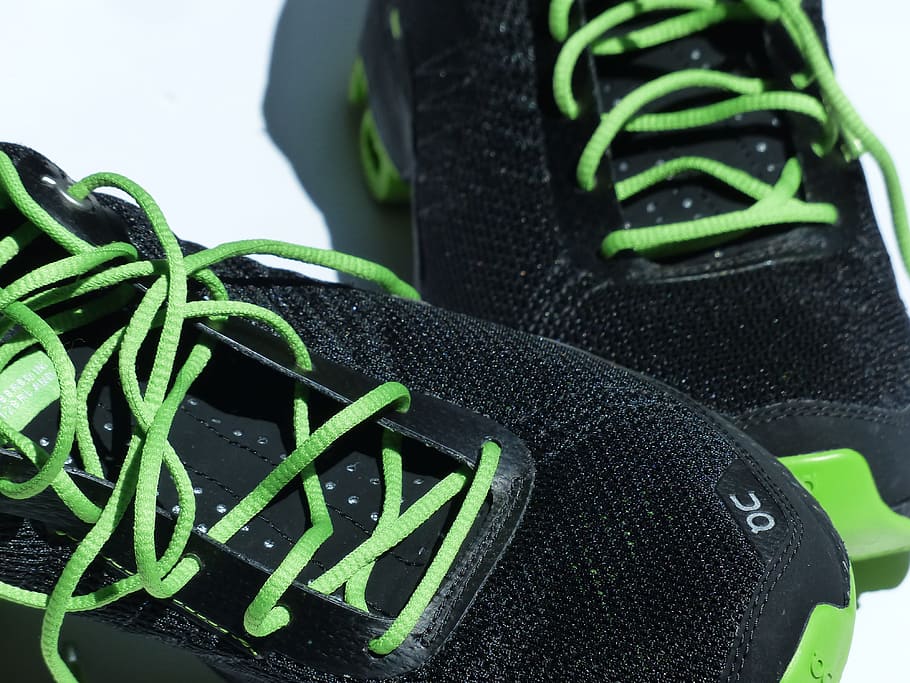 pair of green and black shoes, shoelaces, lacing, sports shoes