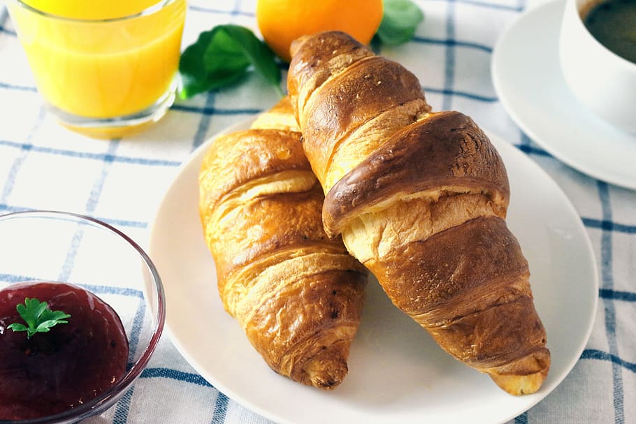 two croissant breads on white saucer, croissants, breakfast HD wallpaper