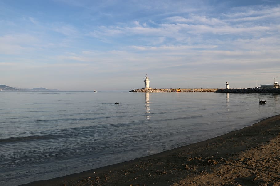 lantern, lighthouse, landscape, blue, sunset, sky, clouds, port HD wallpaper