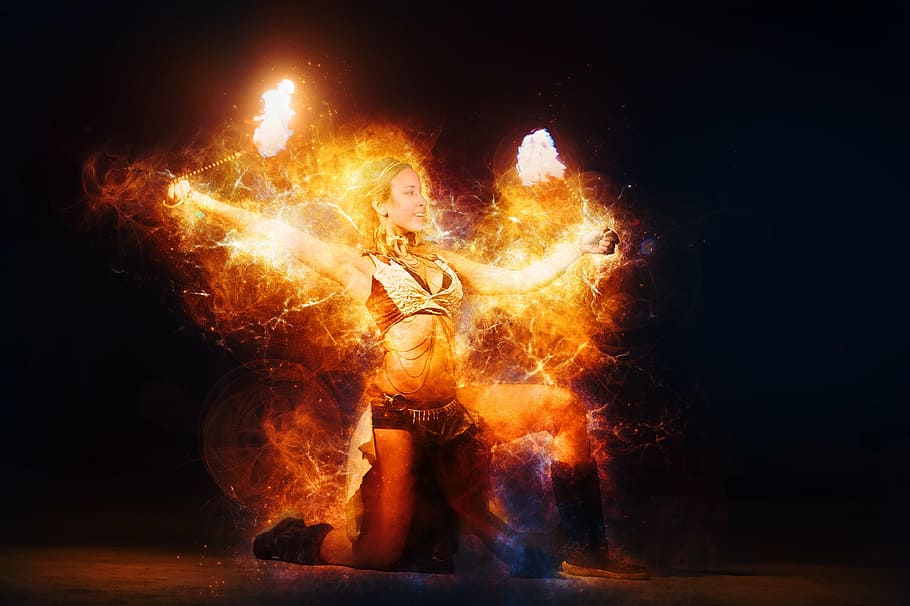 woman brown crop top, circus, fire, entertainment, show, performance HD wallpaper