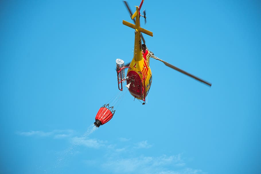 helicopter, extinguish, forest fire, sky, low angle view, nature HD wallpaper