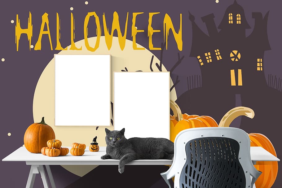 poster, mockup, desk, interior, halloween, workspace, decoration HD wallpaper