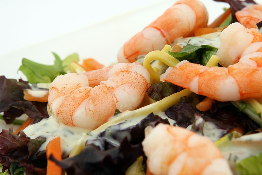 vegetable salad with shrimps, appetite, asian, calories, catering