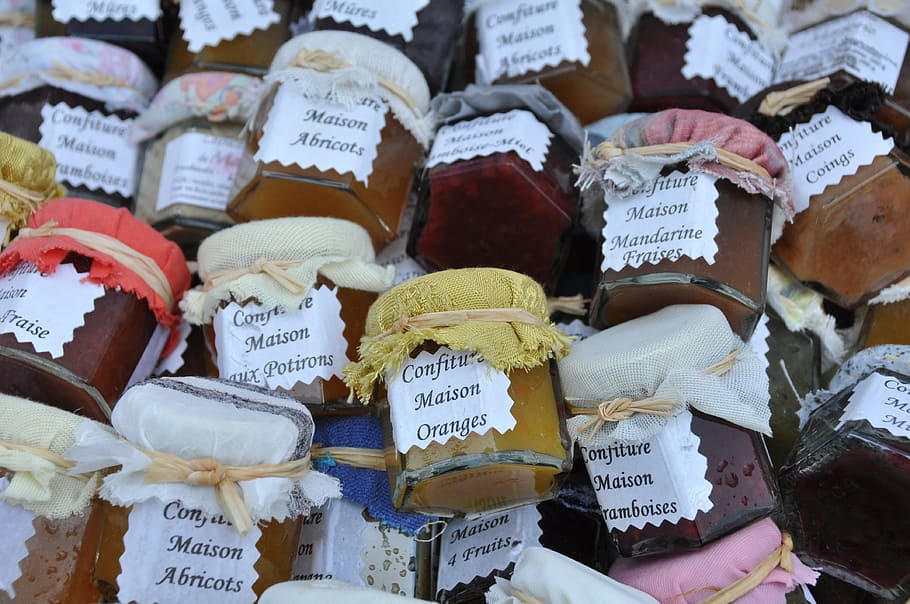 assorted-color glass mason jars, jam, fruit jar, label, text HD wallpaper
