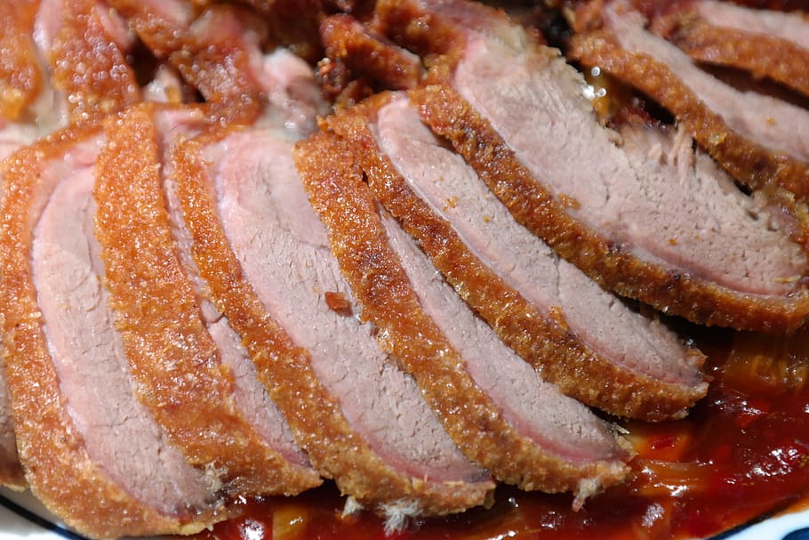 sliced fried meat with ketchup, crispy duck, roasted duck, appetite HD wallpaper