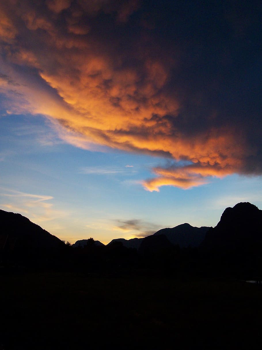 sunset, landscape, mountains, clouds, sky, dusk, nature, silhouette HD wallpaper
