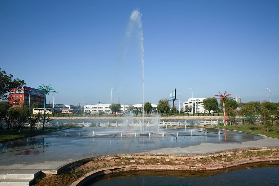 Fountain, Scene, park, water, motion, no people, outdoors, long exposure HD wallpaper