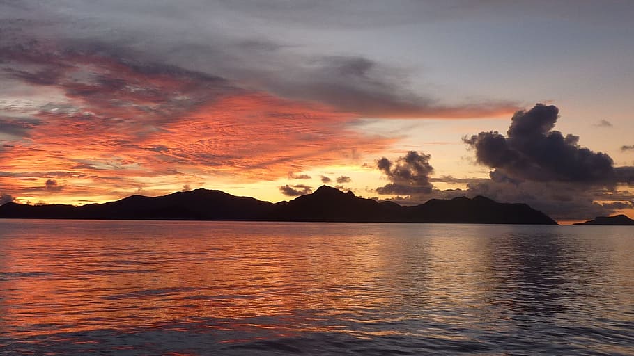 Sun, Sunset, Sea, Ocean, Mountains, orange, sky, evening, twilight HD wallpaper