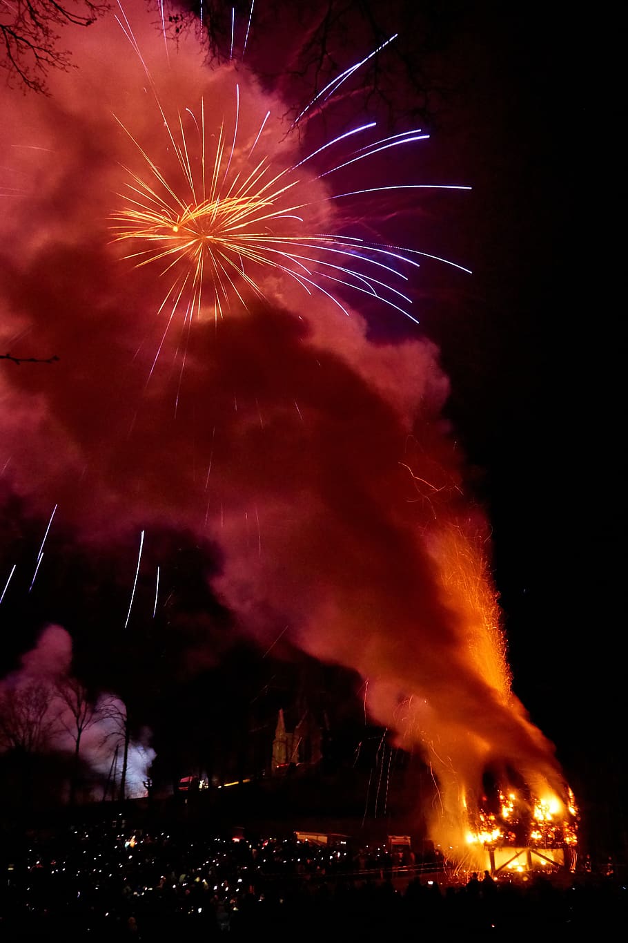 easter fire, flare-up, smoke, firework, night, firework display HD wallpaper