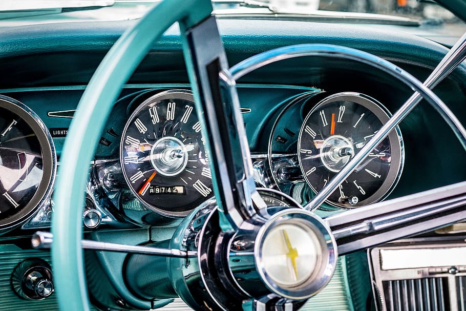 close-up photography of teal Chevrolet steering wheel, dashboard HD wallpaper
