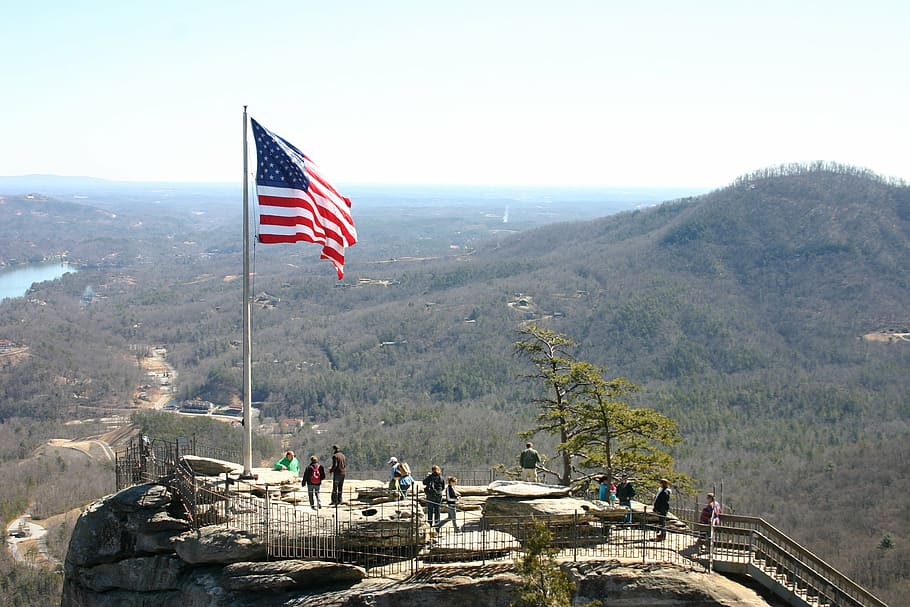 chimney rock, flag, mountain, group of people, tree, nature HD wallpaper